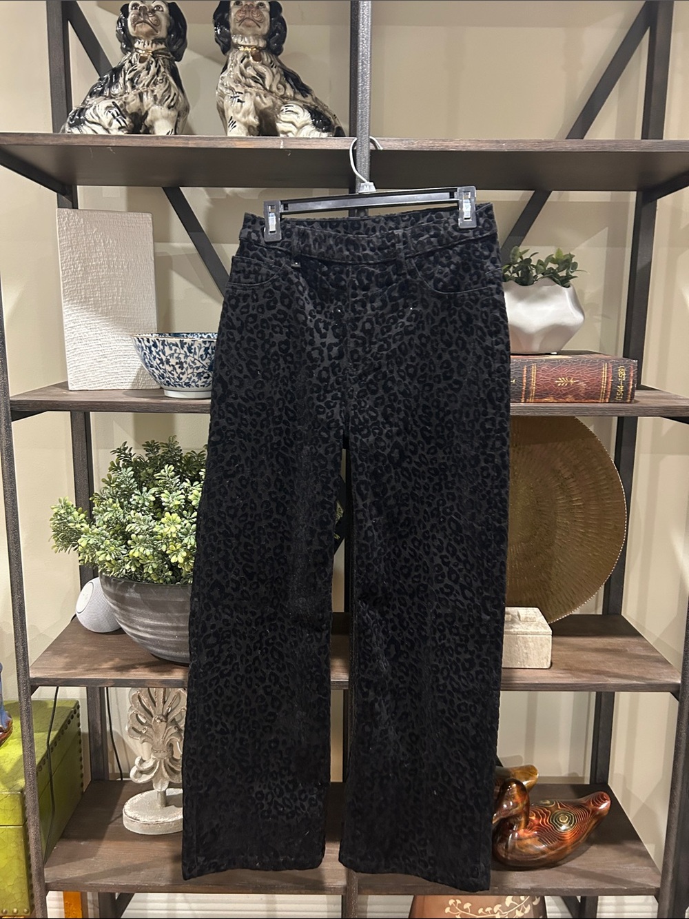 Anna & Ava Black Velvet Leopard-Print Wide Leg Pants